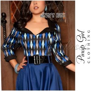Pinup Couture PUG Doris Top in Blue House Harlequin Print HP Ravenclaw 4X